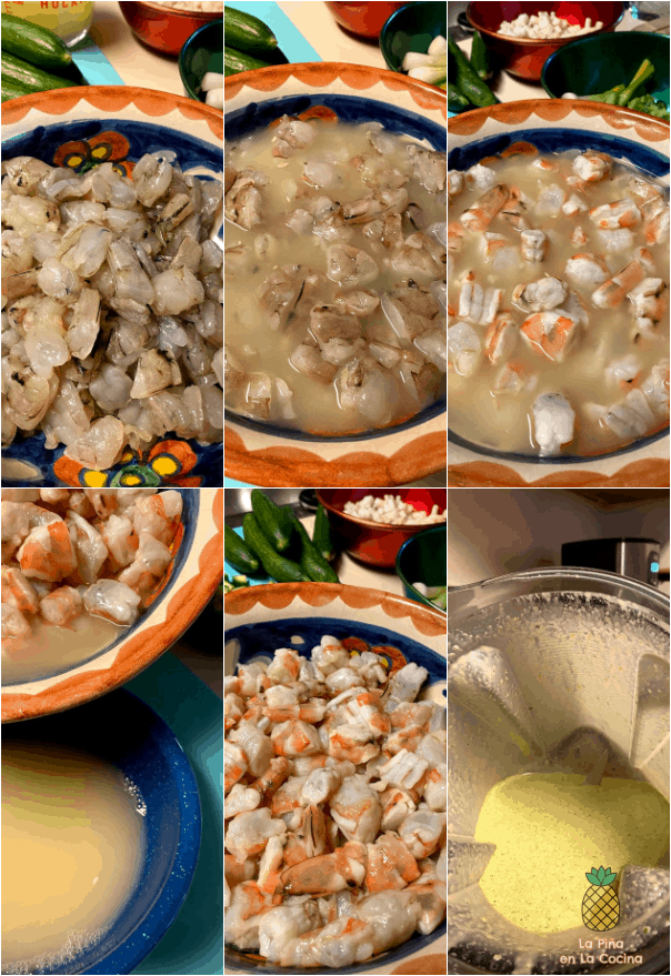 collage of shrimp prep for ceviche