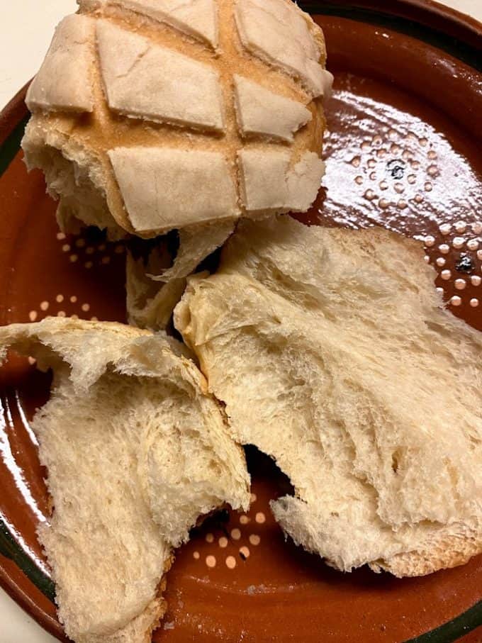 close up of concha insides, soft bread
