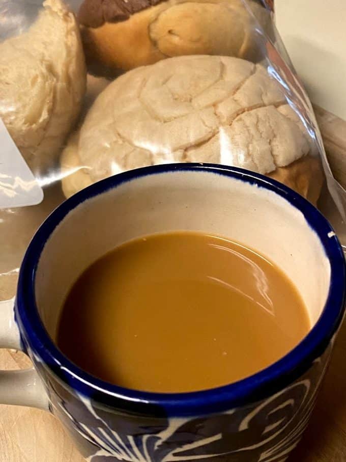 next day cup of coffee with the conchas stored in a plastic storage bag