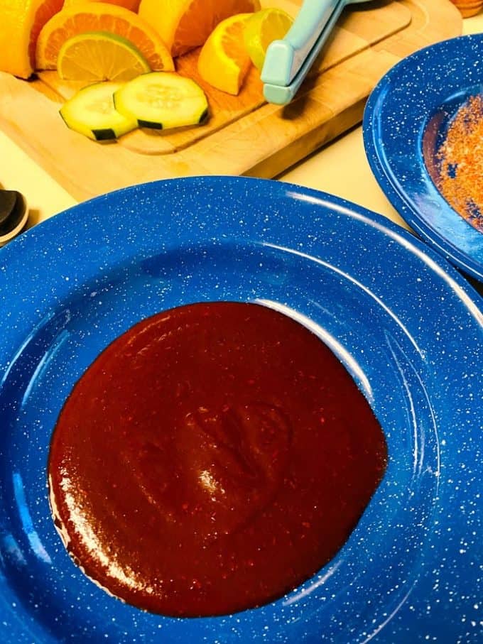 chamoy salsa in a shallow blue bowl