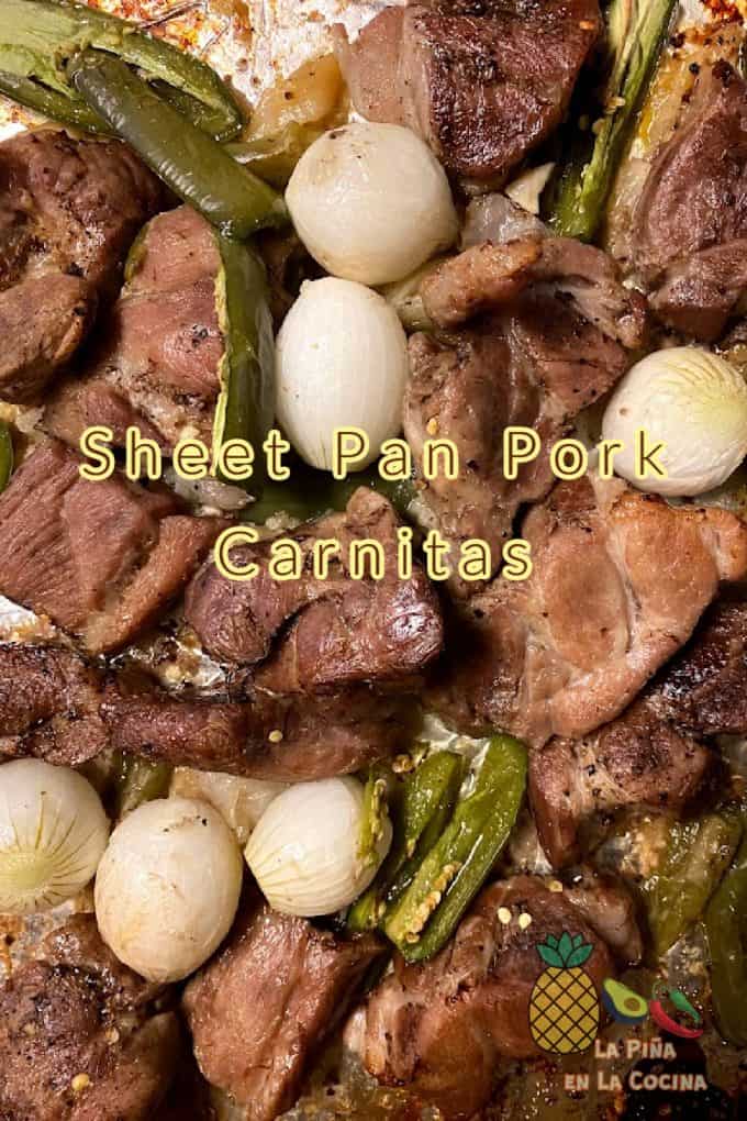 Pinterest image for sheet pan pork carnitas with header