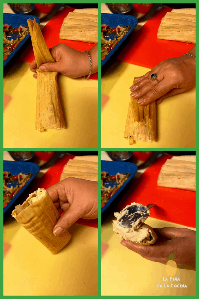 collage showing how to fold tamales closed