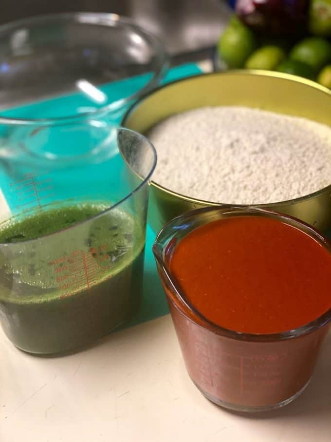 blended red chile sauce, blended kale and bowl of masa harina corn flour