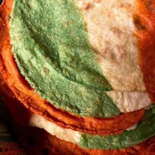 tri colored corn tortillas up close