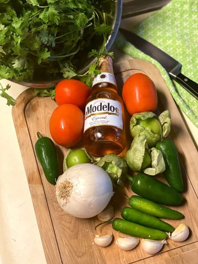 ingredients for salsa borracha on cutting board