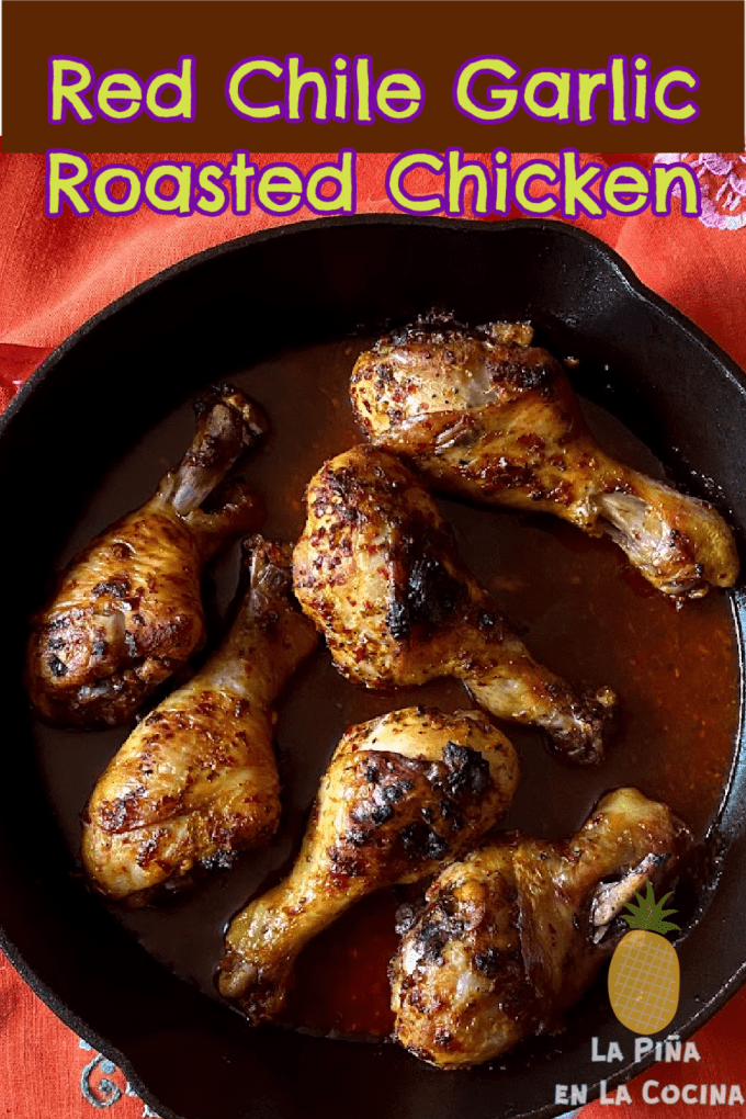 pinterest image of chicken in cast iron skillet with header