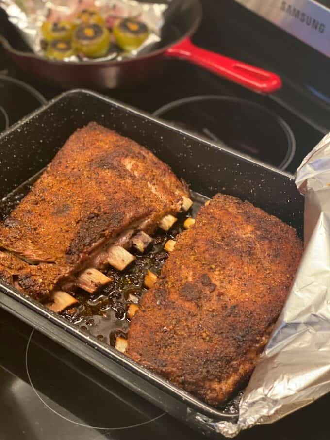 ribs in baking dish hot out of the oven