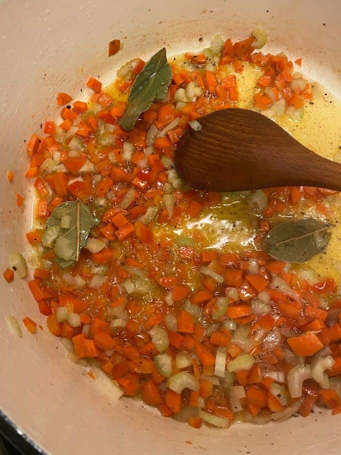 aromatics with carrots and bay leaves 
