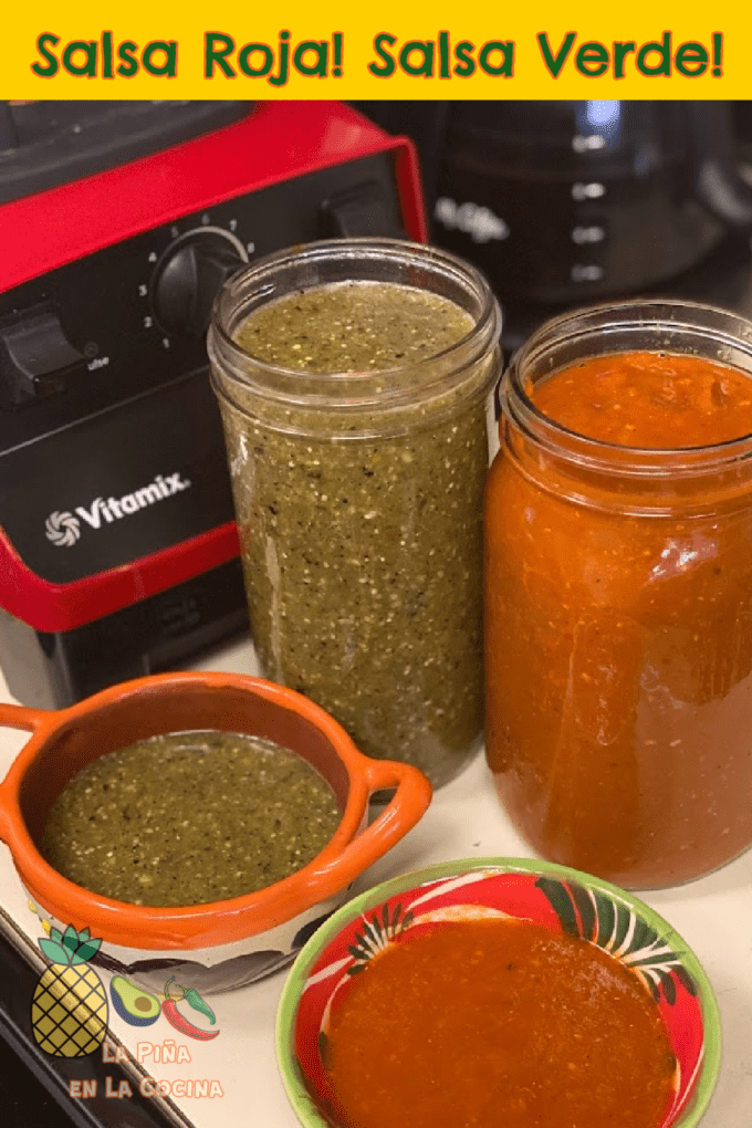 Pinterest image of red and green salsa in glass jars
