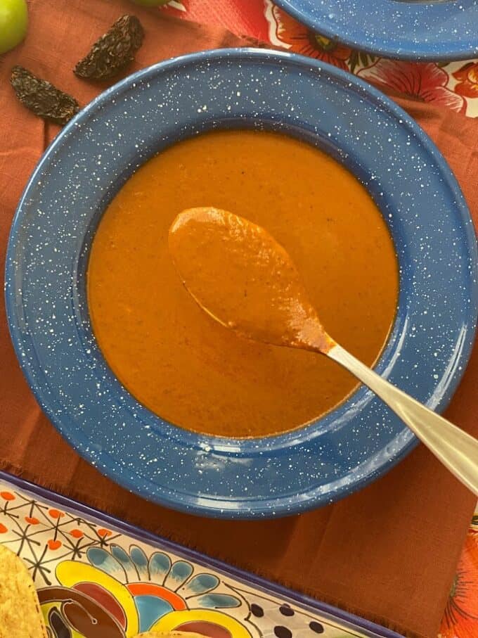 chile morita salsa in bowl with spoon