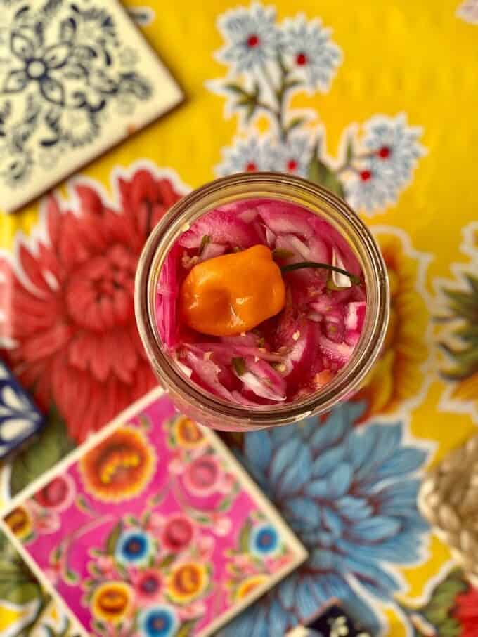 pickled red onions top view