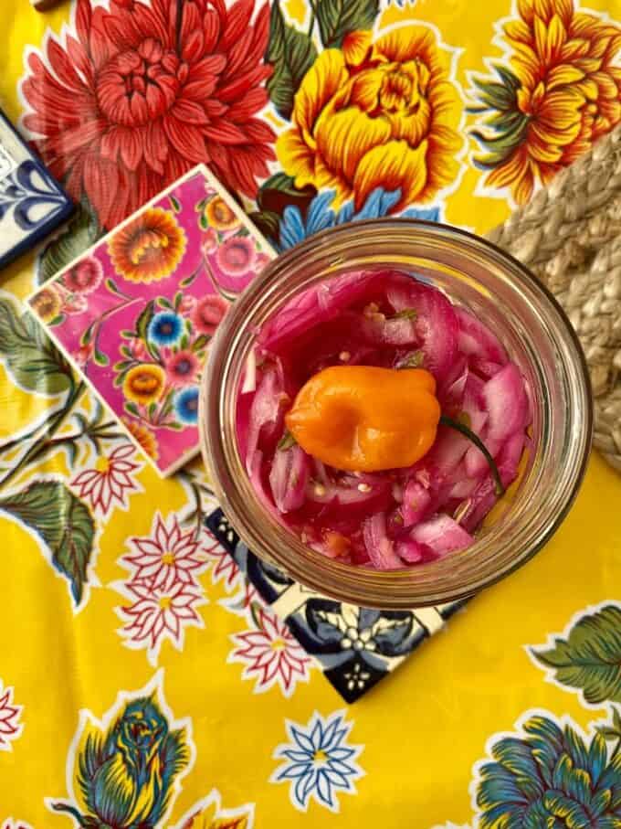 top view pickled red onions