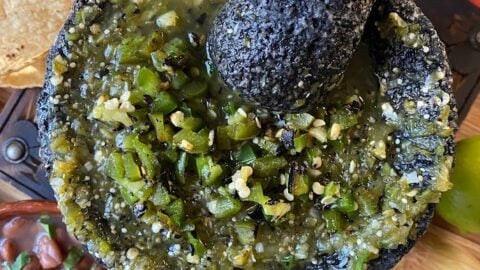 top view salsa in molcajete