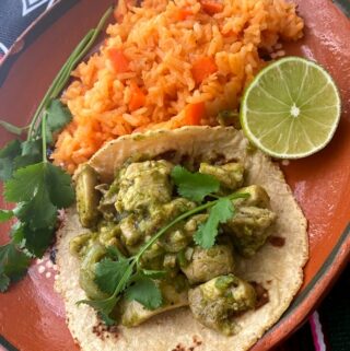 adobo verde chicken taco with mexican rice