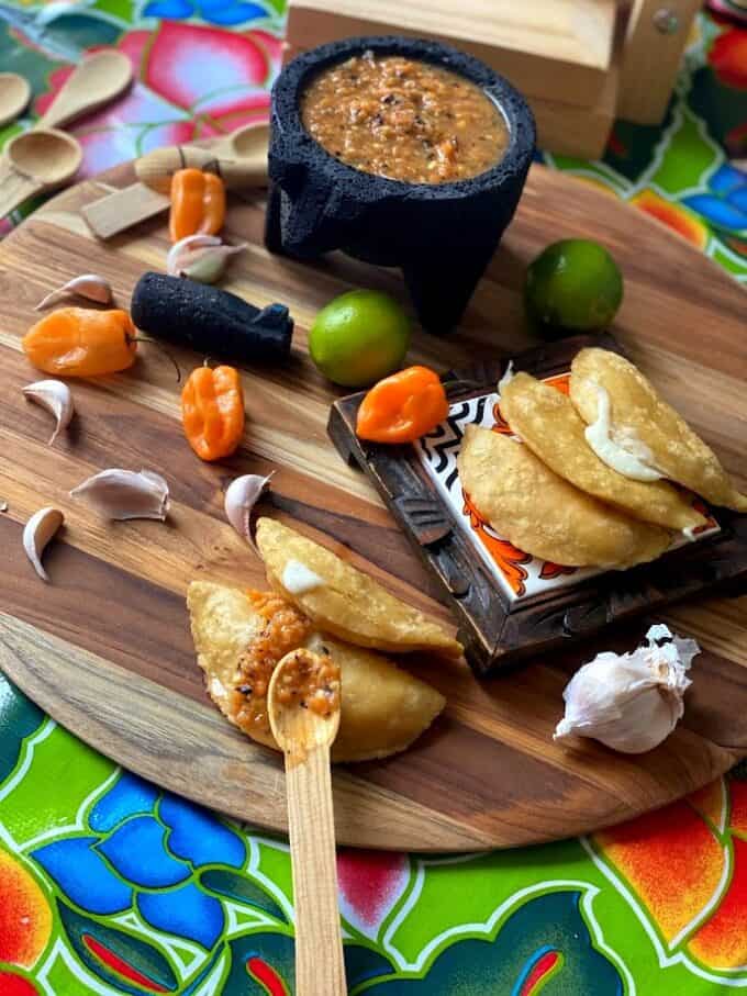 fried empanadas with habanero salsa and fresh ingredients