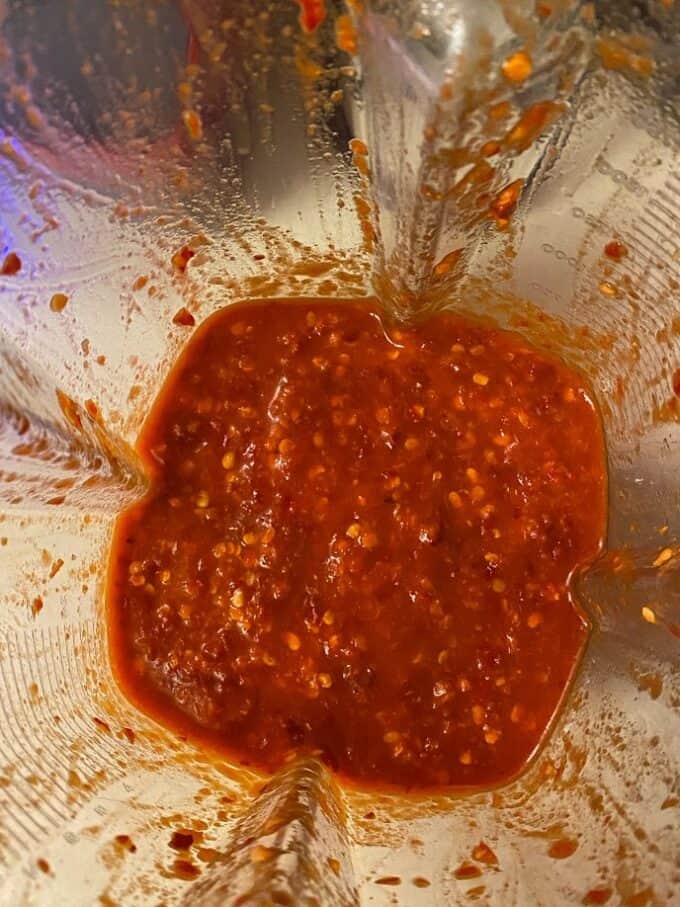 top view of arbol hot sauce in blender jar