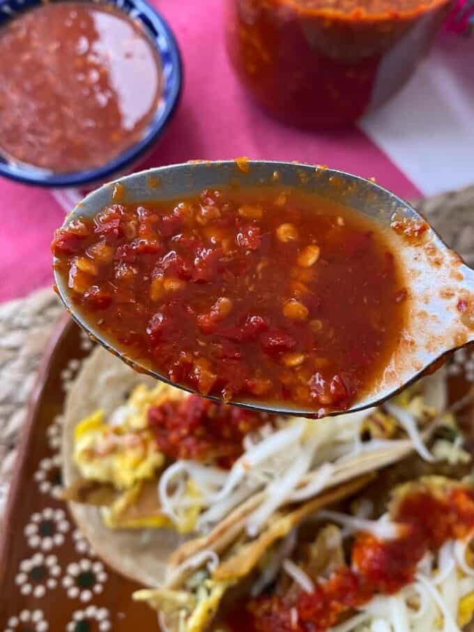 hot sauce up close on spoon