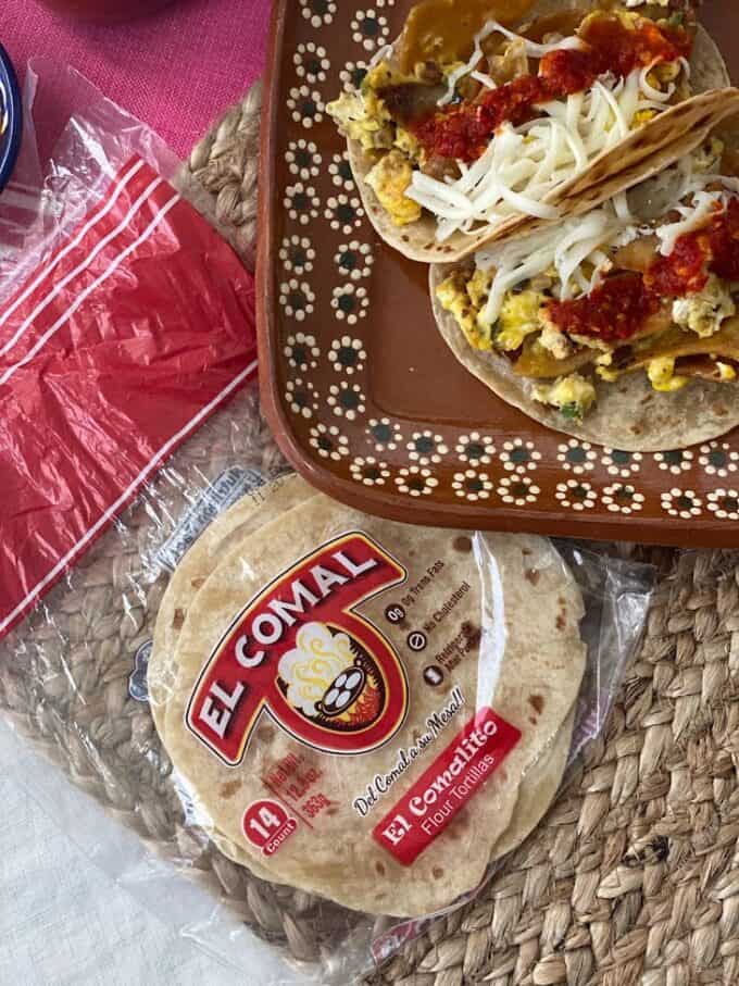 migas con huevo tacos garnished with arbol hot sauce, small flour tortillas in package