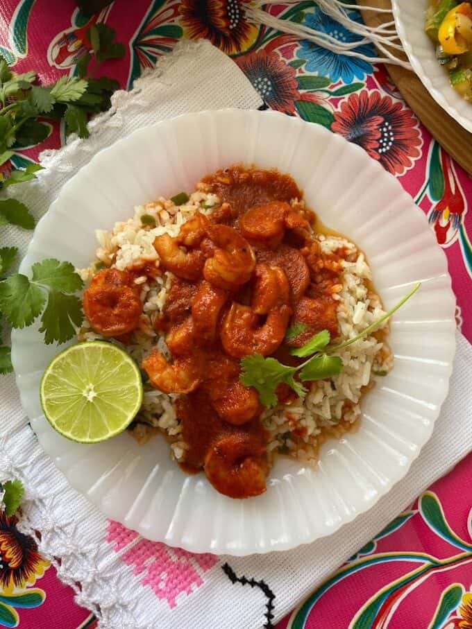 deviled shrimp plated with rice, top view
