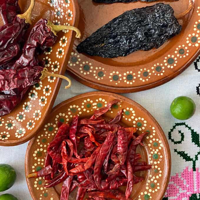 dried chile pods on clayware Mexican plates