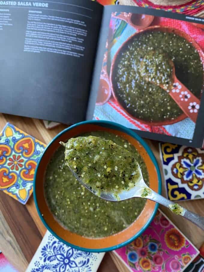 roasted salsa verde on a spoon up close