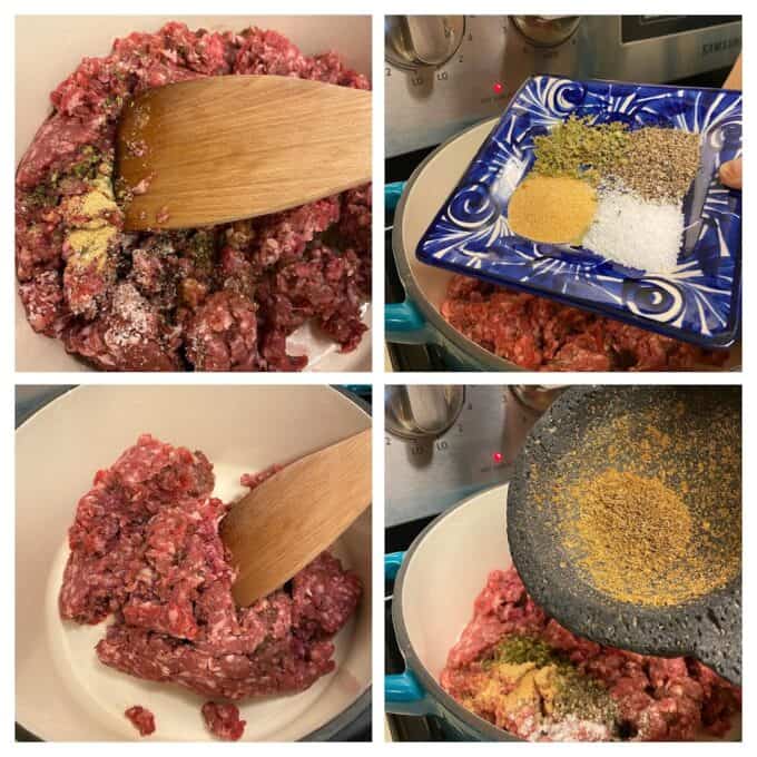 collage of ground beef with spices in pot