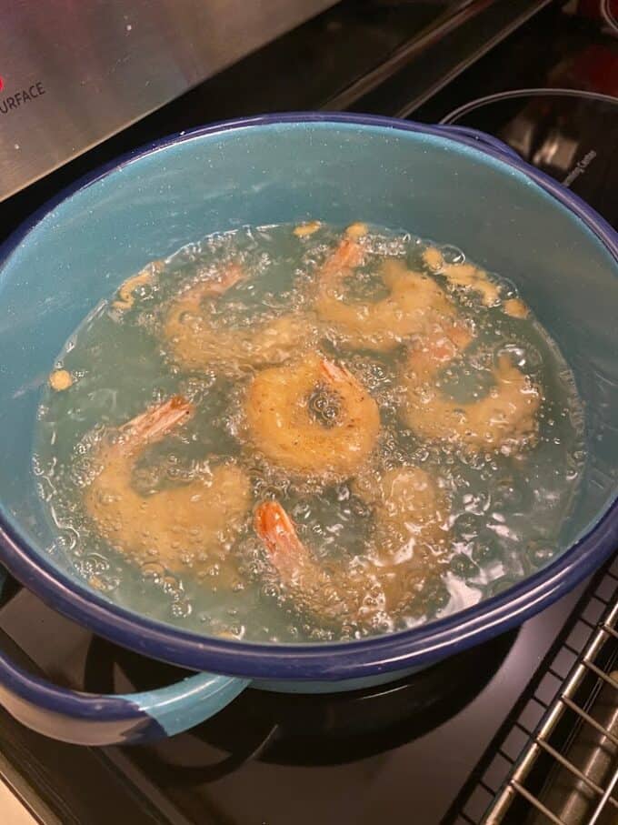 shrimp frying in hot oil