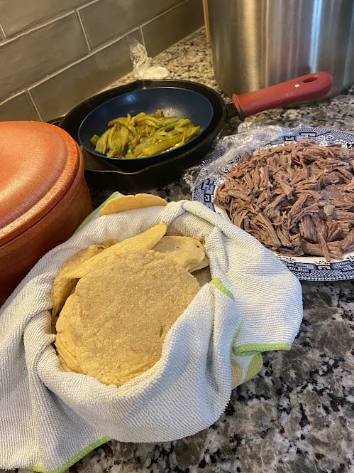 shredded beef, homemade corn tortillas, green chile strips