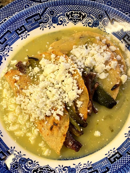 Tacos in Caldillo Verde with queso fresco