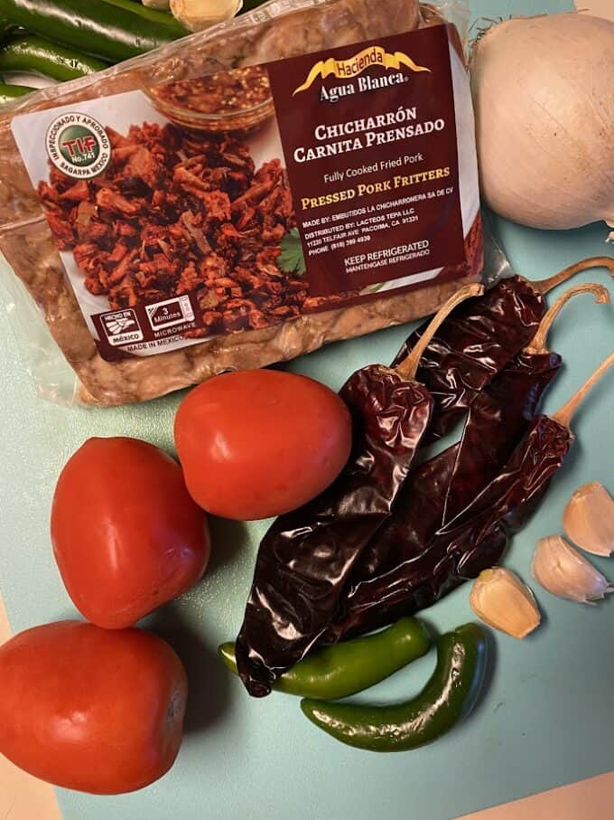 pressed pork in the package with ingredients to prepare the red chile sauce