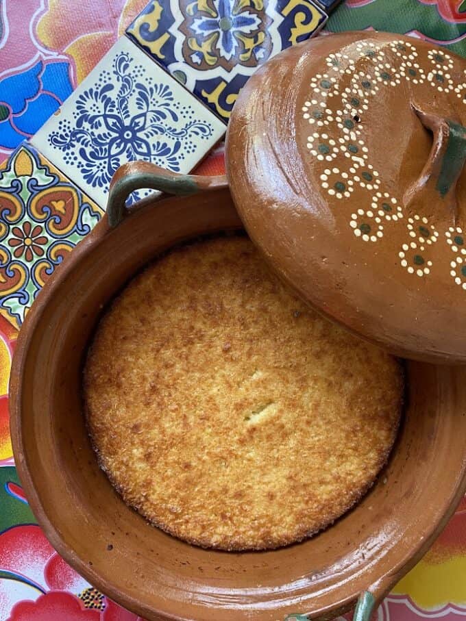 top view of pan de elote baked in a Mexican cazuela