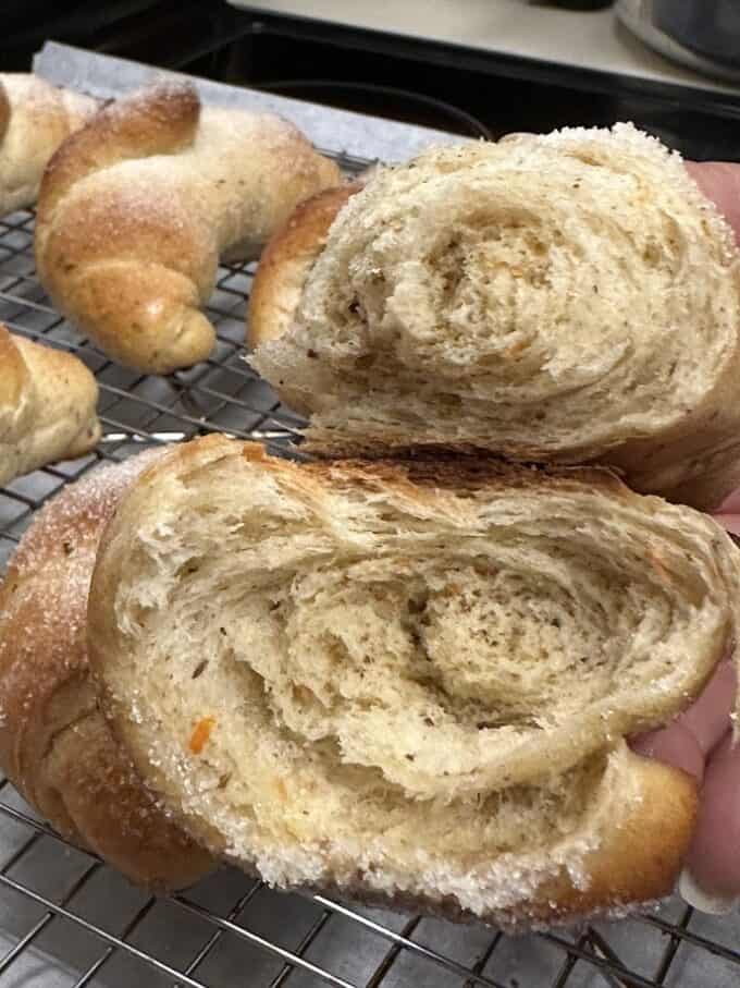 sweet bread torn to expose the inside