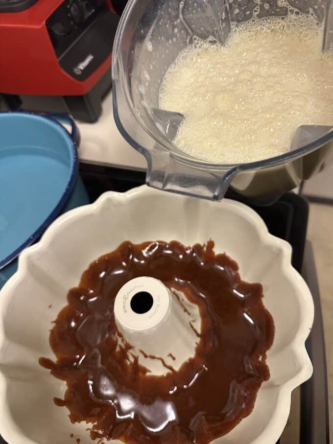 pouring custard into bundt pan