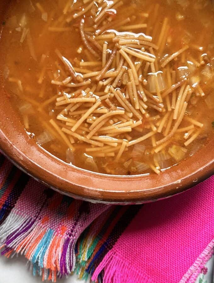 soupy fideo close up in a bowl