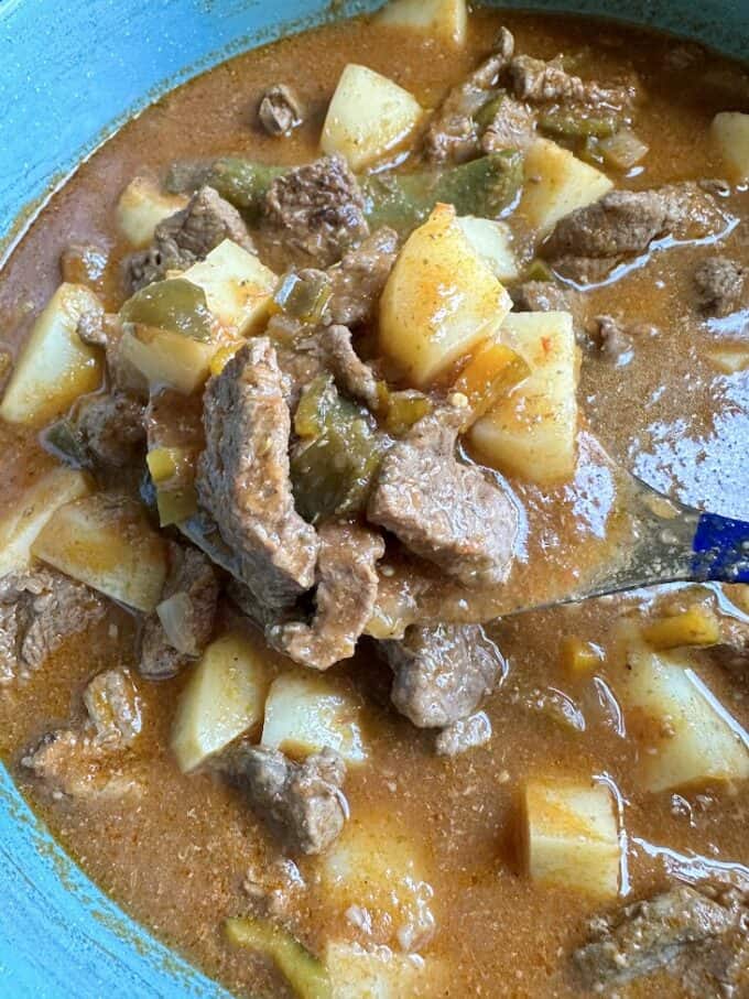 mexican stewed beef with potatoes up close