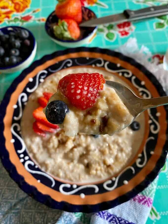 bowl of oatmeal with fresh fruit and cane sugar