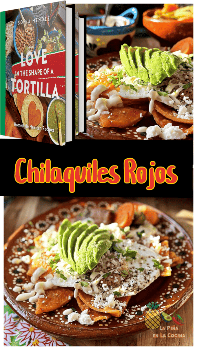 collage of chilaquiles and cookbook image