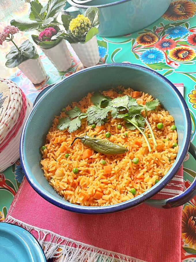 mexican rice in pot on table