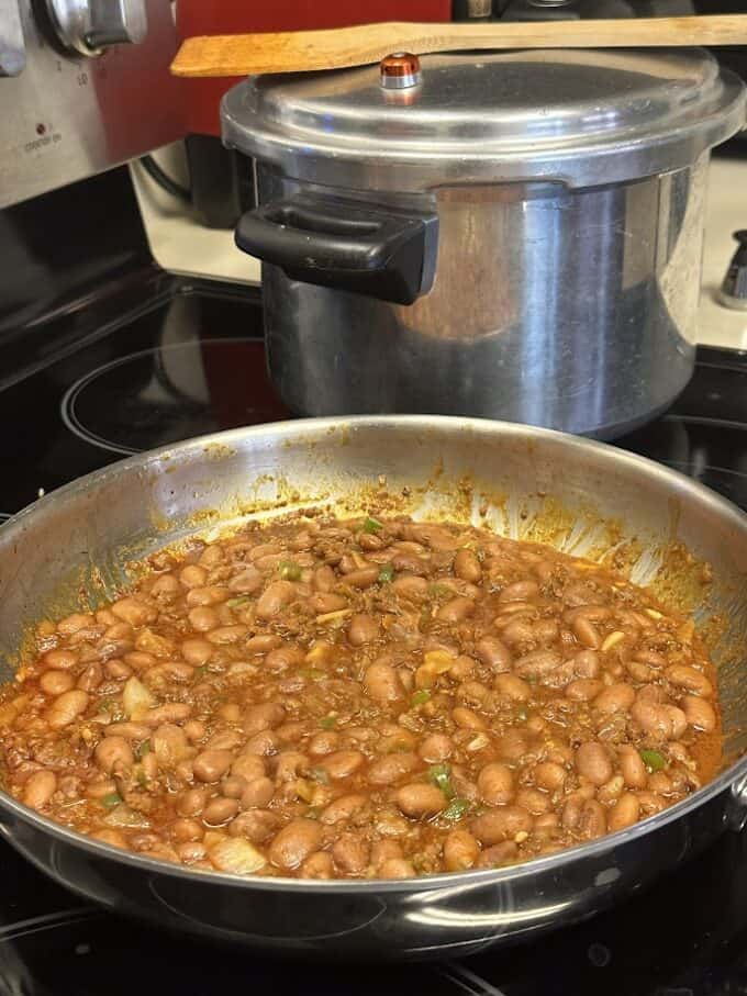 whole pinto beans with chorizo, onion and serrano pepper