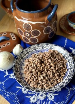 dried pinto beans in shallow bowl with bean pot made of clayware