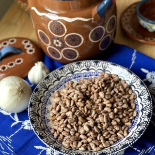 dried pinto beans in shallow bowl with bean pot made of clayware