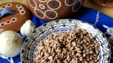 dried pinto beans in shallow bowl with bean pot made of clayware