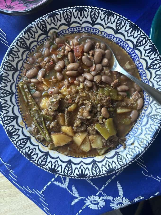 plated bistec ranchero with charro beans