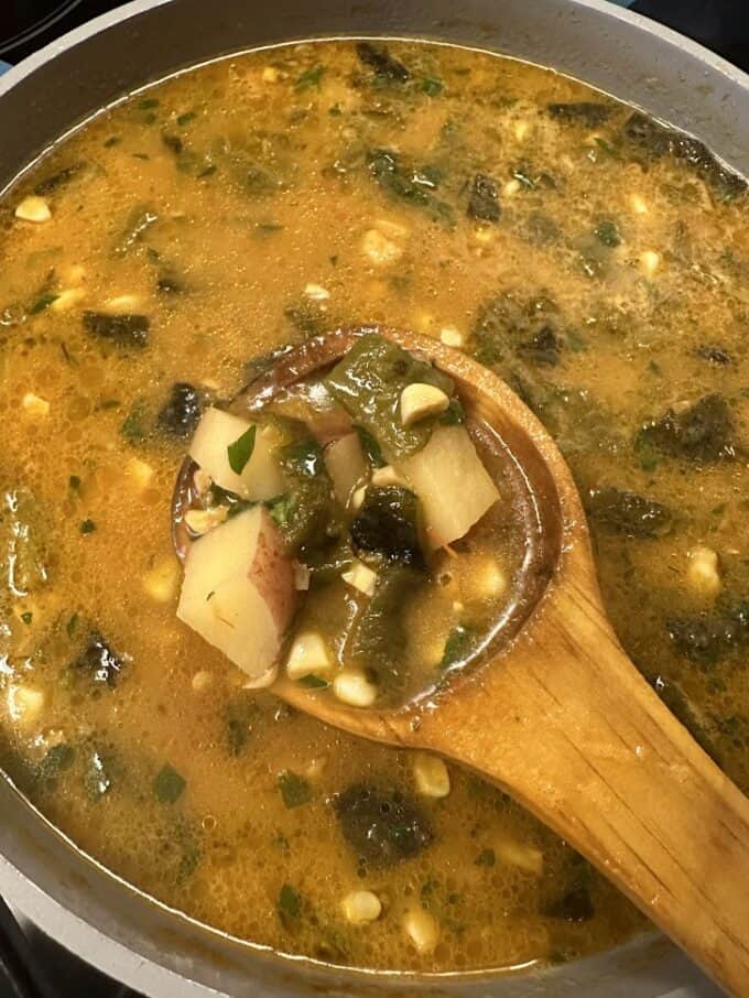 vegetables in soup on wooden spoon