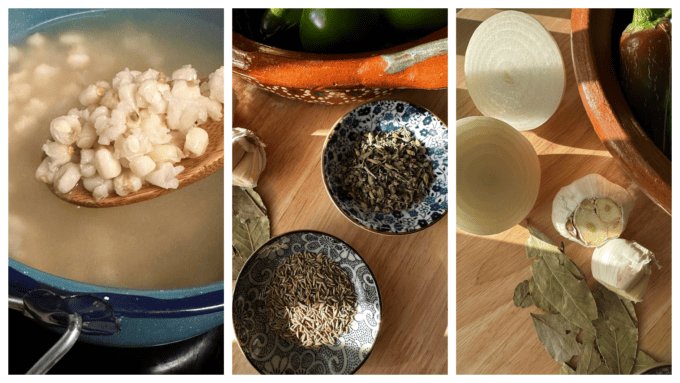aromatics, herbs and hominy for pozole