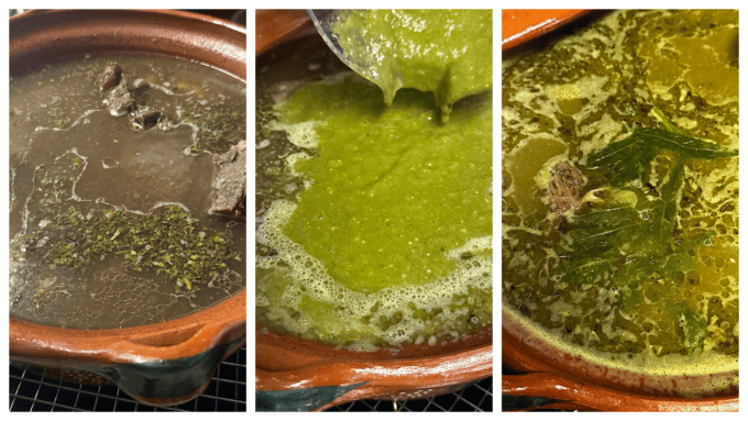collage of adding salsa to soup base