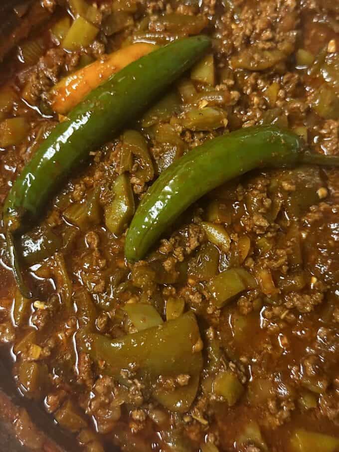 beef with cactus and green chile close up