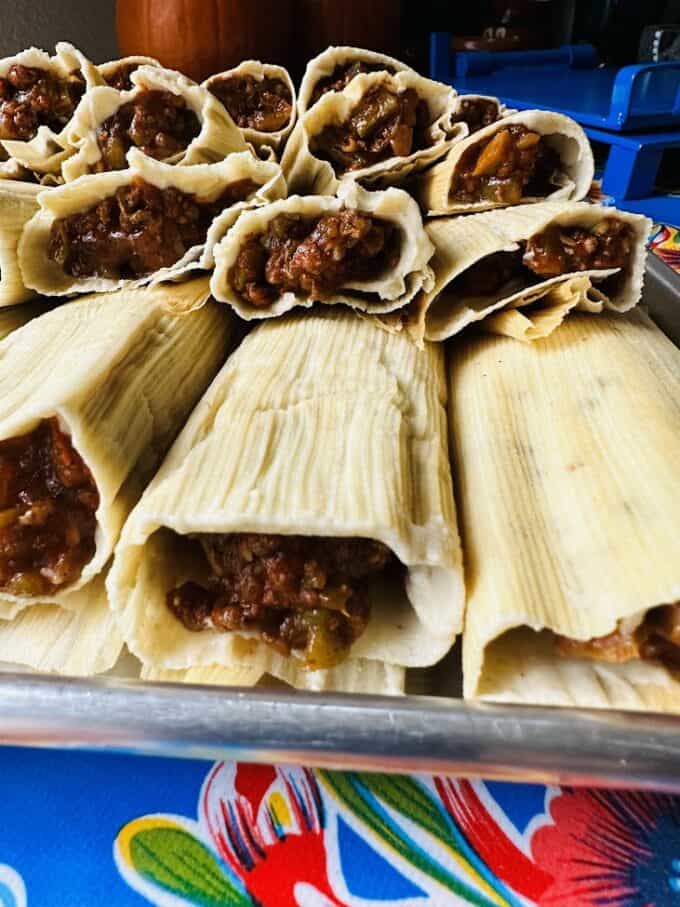 tamales filled with picadillo before steaming