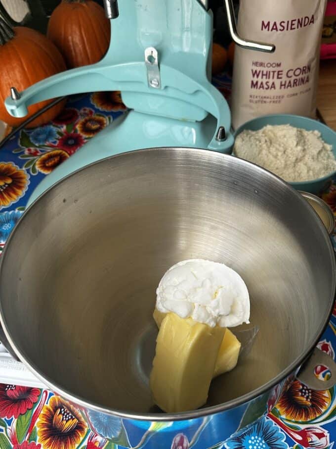 butter and shortening in stand mixer bowl