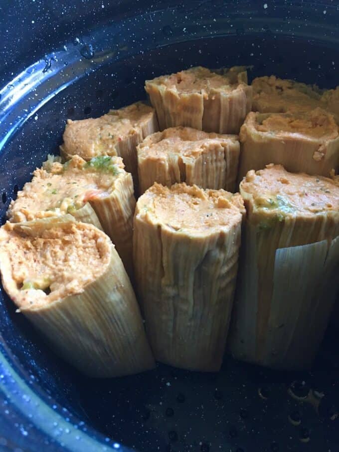 tamales in steamer pot